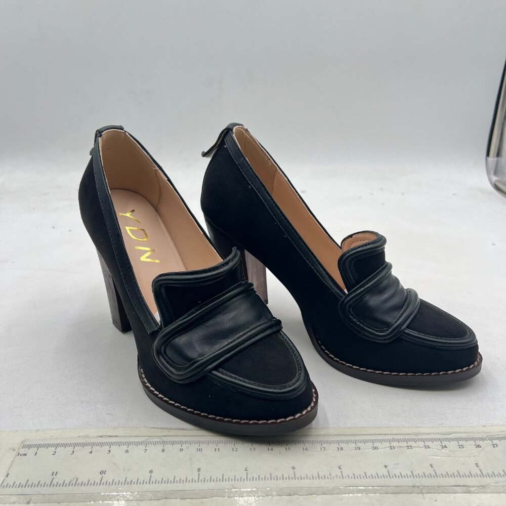 YDN Black Chunky High Heels Round Toe Oxford Loafer Dree Shoe